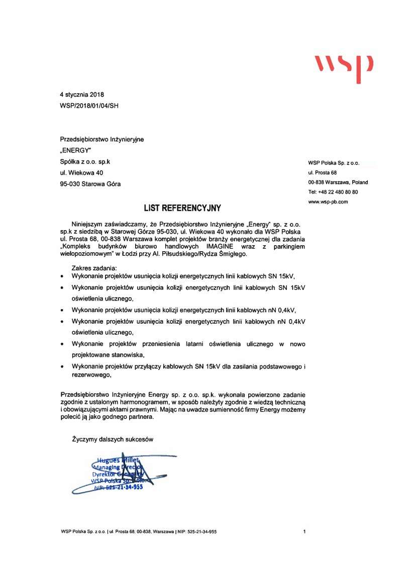 List referencyjny — WSP Polska Sp. z o.o., 2018