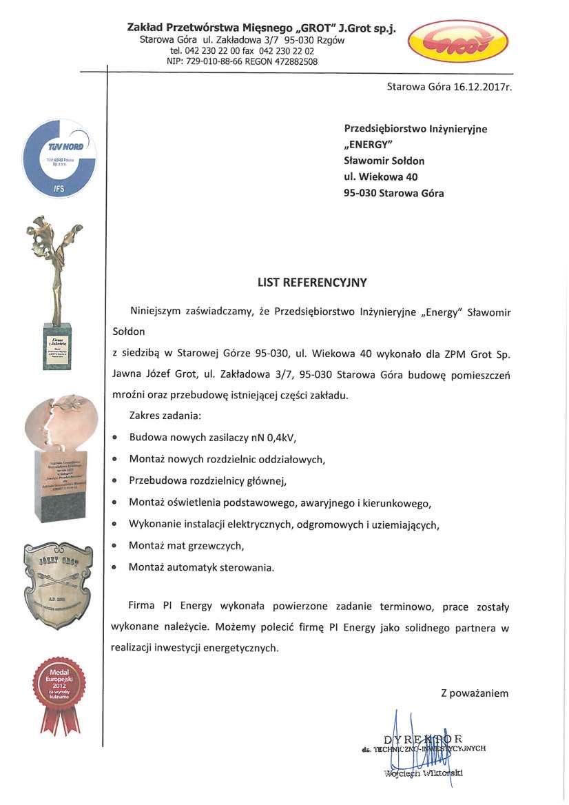 List referencyjny — Zakład Przetwórstwa Mięsnego „GROT” J.Grot sp.j., 2017