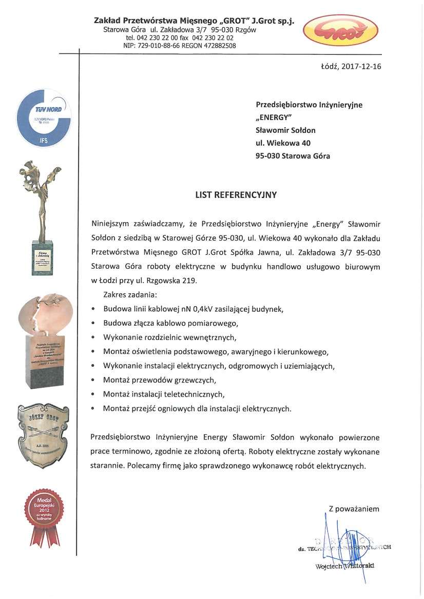List referencyjny — Zakład Przetwórstwa Mięsnego „GROT" J.Grot sp.j., 2017