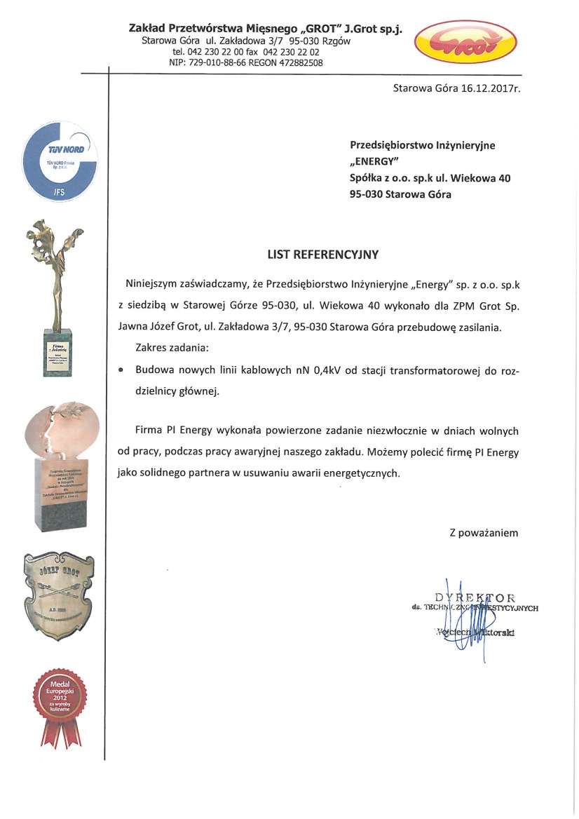 List referencyjny — Zakład Przetwórstwa Mięsnego „GROT” J.Grot sp.j., 2017