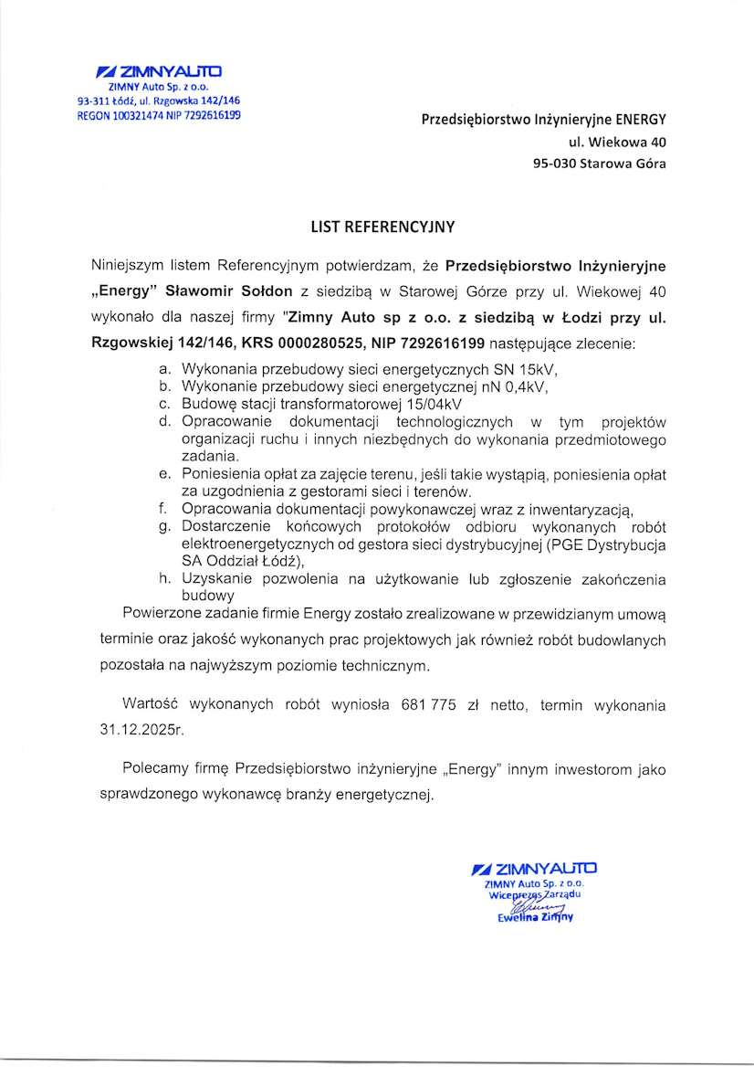 List referencyjny — ZIMNY Auto Sp. z o.o., 2025